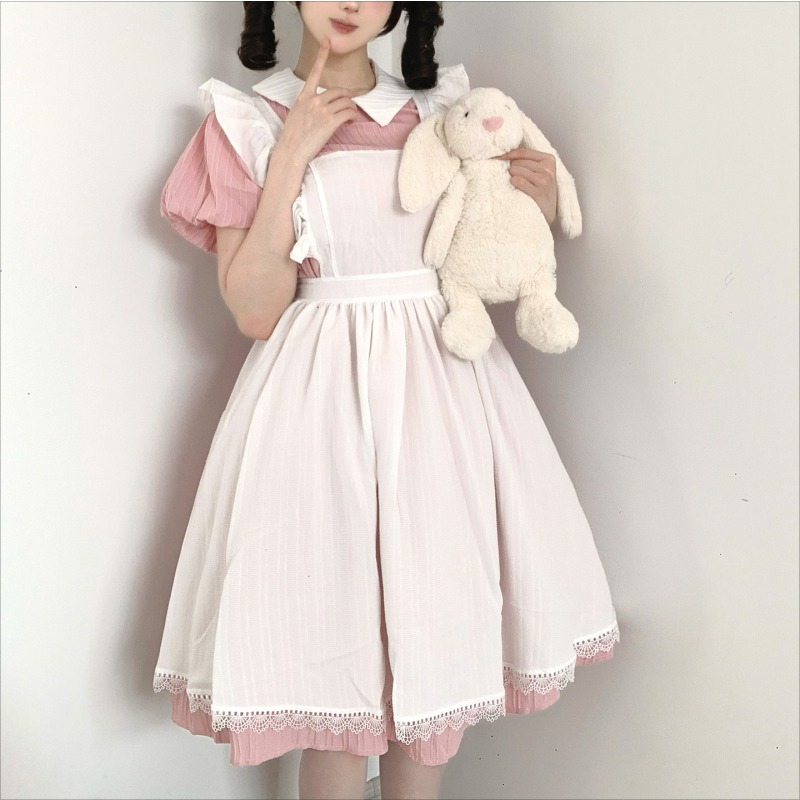 Vintage Fashion Dresses - Długa różowo-biała sukienka pokojówki z kołnierzykiem